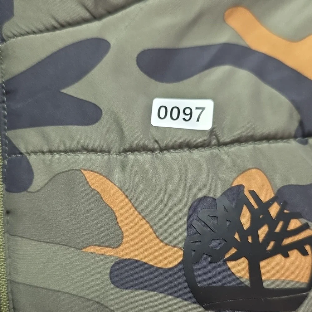 Timberland Boys Camouflage Hooded Puffer Jacket M (10/12) Green Black Orange